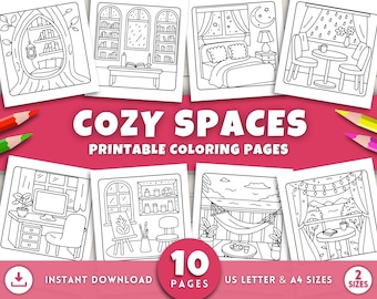 Puede incluir: Una colección de 10 páginas para colorear imprimibles con espacios acogedores, como un dormitorio y una biblioteca. El título "COZY SPACES" está en blanco sobre un fondo rosa. Incluye tamaños US Letter y A4. Descarga instantánea.