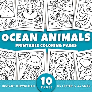 Puede incluir: Páginas para colorear imprimibles con animales marinos, como un cangrejo, tortugas, un pulpo, un pez payaso, una medusa, un caballito de mar y un tiburón. El título "OCEAN ANIMALS" se muestra de forma destacada. Incluye 10 páginas y está disponible en tamaños US Letter y A4.