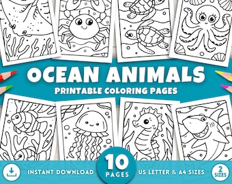 Dibujos para colorear de animales del océano para niños pequeños. Criaturas marinas divertidas y fáciles. Actividades preescolares imprimibles. Libro para colorear del océano (PDF).