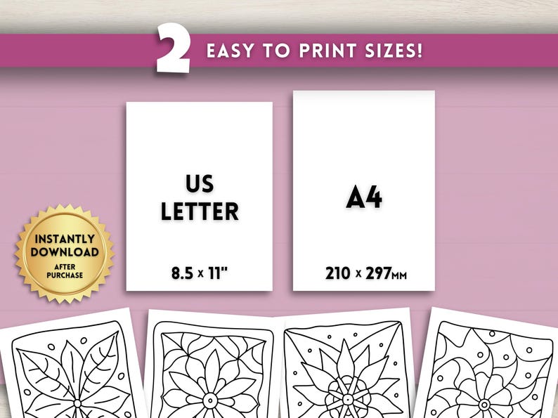 Może przedstawiać: Obraz z dwoma formatami papieru: US Letter (8,5 x 11 cali) i A4 (210 x 297 mm). Tekst "EASY TO PRINT SIZES!" znajduje się u g&oacute;ry. Złota pieczęć z napisem "INSTANTLY DOWNLOAD AFTER PURCHASE" znajduje się po lewej stronie.