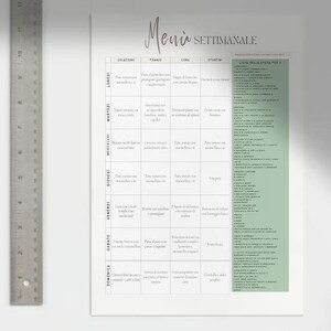 Può includere: Un modello di pianificatore di pasti settimanale con sfondo verde. Il modello è diviso in sette giorni della settimana, con colonne per la colazione, il pranzo, la cena e gli spuntini. Il modello include un elenco di generi alimentari da acquistare per la settimana.