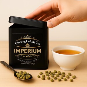 Könnte beinhalten: Schwarze Teedose mit goldfarbener Aufschrift "Ginseng Oolong Tea IMPERIUM". Eine kleine weiße Schale Tee und ein Löffel mit Teeblättern liegen neben der Dose. Das Nettogewicht beträgt 118g.