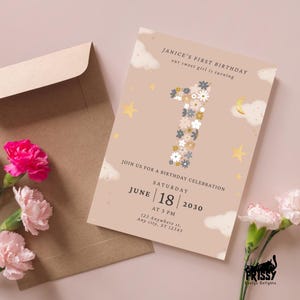 Dreamy Floral 1st Birthday Invitation Template, Baby Girl Birthday, Floral Invitation Template Canva, Flowery Invitation, First Birthday