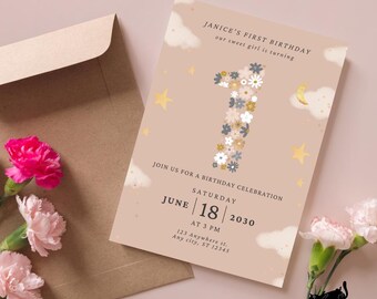 May include: A pink and brown birthday invitation with a floral number one, clouds, and stars. The text reads "Janice's First Birthday, our sweet girl is turning one. Join us for a birthday celebration, Saturday, June 18, 2030 at 3 PM, 123 Anywhere st, Any city, ST 12345."