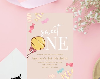 Sweet One 1st Birthday Invitation Template, Baby Girl Birthday, Candy Invitation Template Canva, Sweets Invitation, First Birthday
