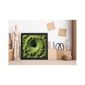May include: A framed print of a digital art piece depicting a swirling vortex of green spheres, creating a sense of depth and movement.