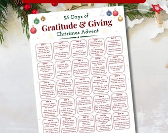 Calendrier de l'Avent 25 jours de gratitude et de générosité, défi gentillesse à imprimer, journal numérique de réflexion et de réflexion de Noël