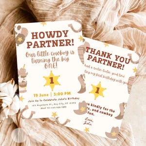 Convite e cartão de agradecimento para o primeiro aniversário do estilo country | Modelo editável para festa de aniversário de cowboy no Canva | Tema country boy | Download digital