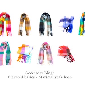 Oversized multi-colored scarves, blue/yellow scarves, pink multi-colored scarves, green-purple scarves, orange multi-colored scarves