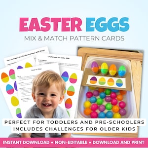 Tarjetas con patrones para combinar y mezclar huevos de Pascua, actividad imprimible con contenedor sensorial, juego de combinación de colores para niños pequeños, aprendizaje preescolar, motricidad fina Montessori