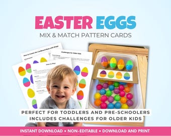 Paaseieren mixen en matchen patroonkaarten, activiteit sensorische bak activiteit afdrukbaar, kleuraanpassingsspel peuter, kleuteronderwijs, fijne motoriek montessori