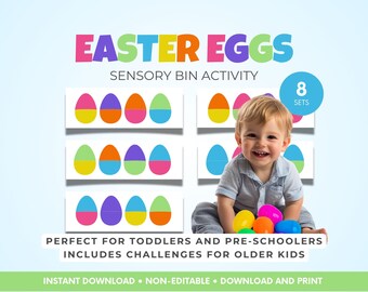 Paasei sensorische bin activiteit afdrukbaar, peuter kleurmatchingspel, Pasen voorschoolse leren, fijne motoriek Montessori, Instant Download