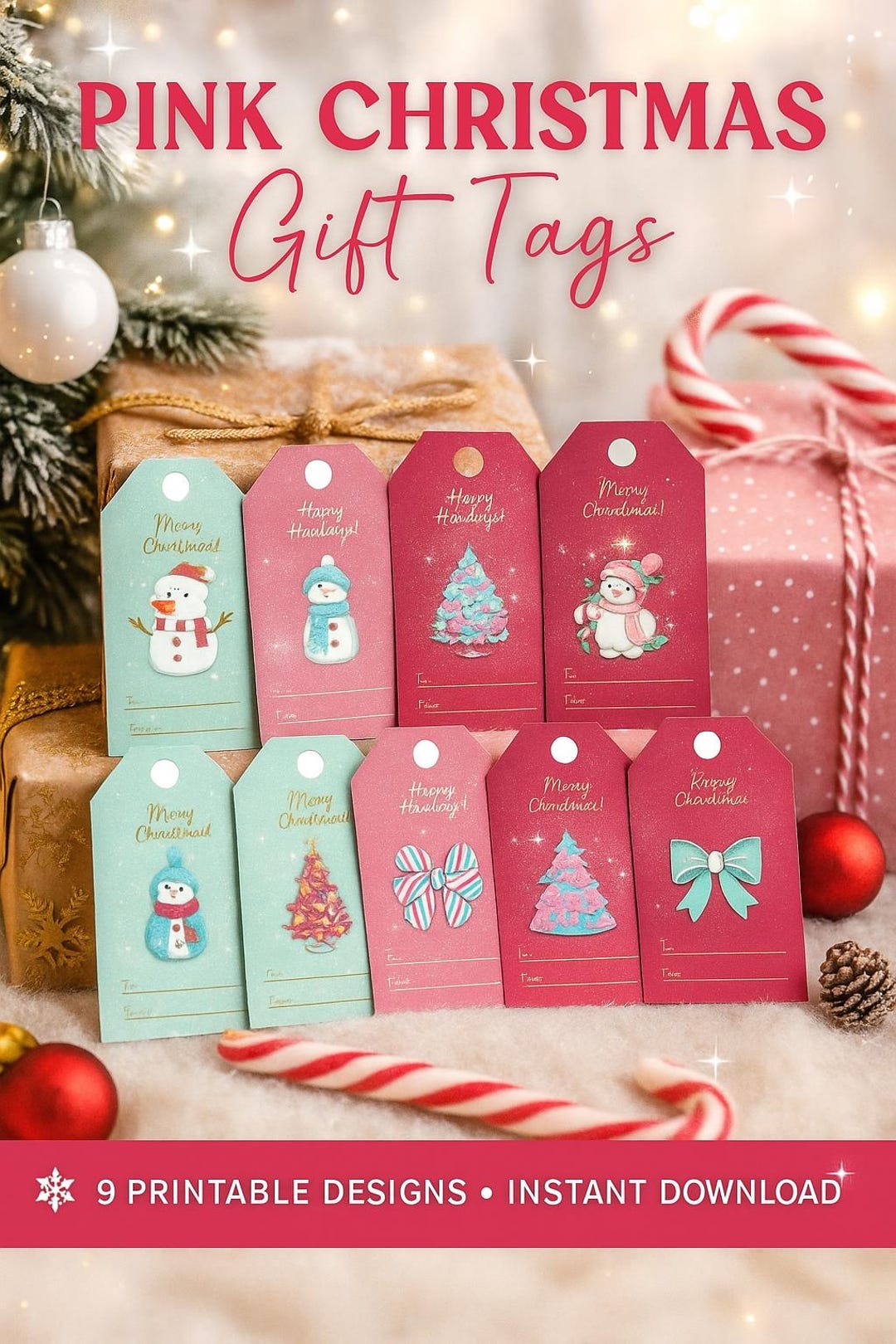 Pink Christmas Gift Tags • Printable Holiday Tags • Cute Xmas Labels ...
