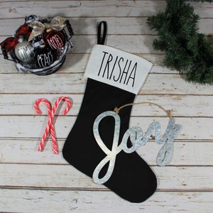 Personalized Black Christmas Stocking, White Cuff, Farmhouse Decor