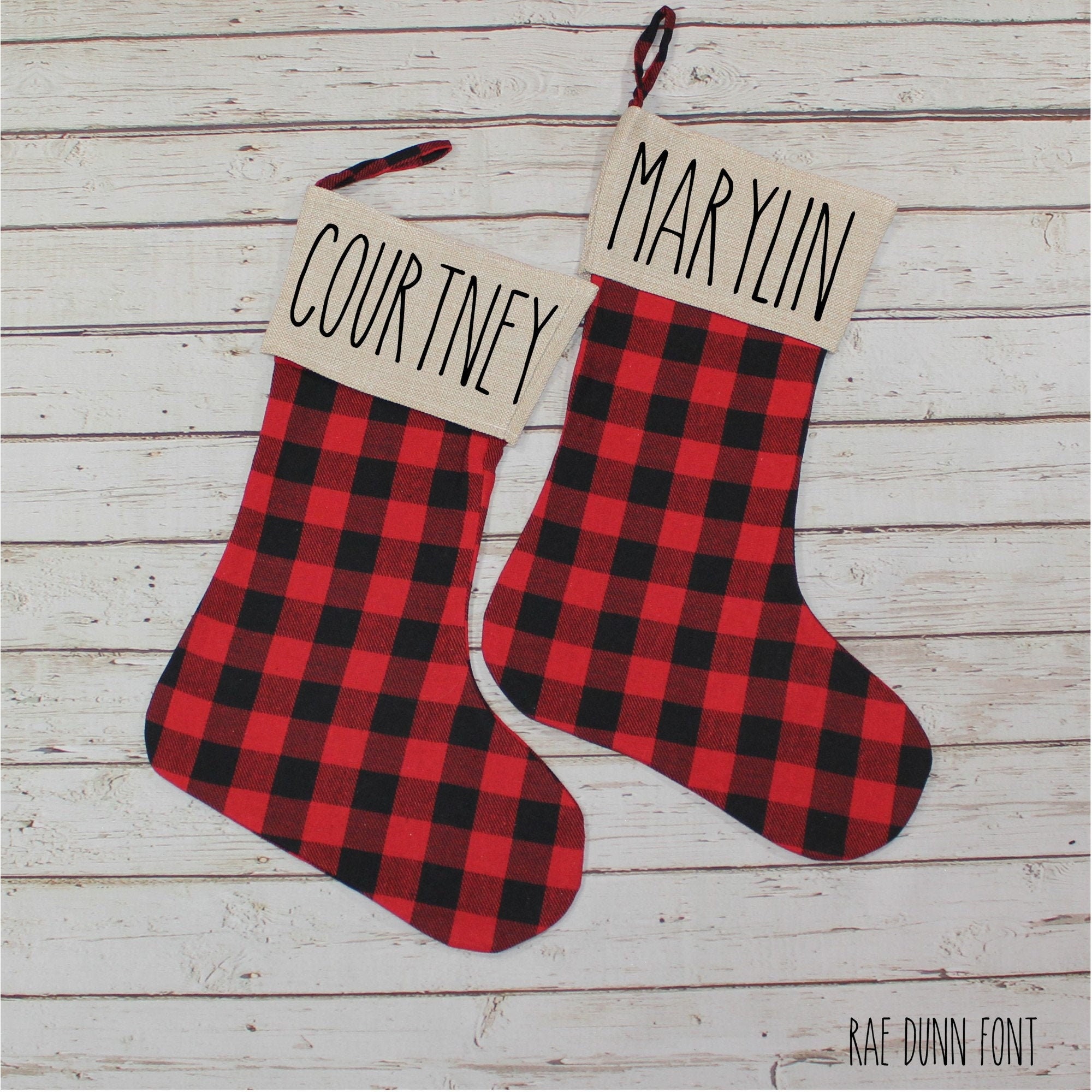 Personalized Buffalo Plaid Christmas Stocking, Burlap Cuff