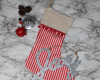 Striped Farmhouse Christmas Stockings, Personalized stocking, Red Striped Stocking, Country stocking, Rustic Stocking, 2022 Christmas Trend