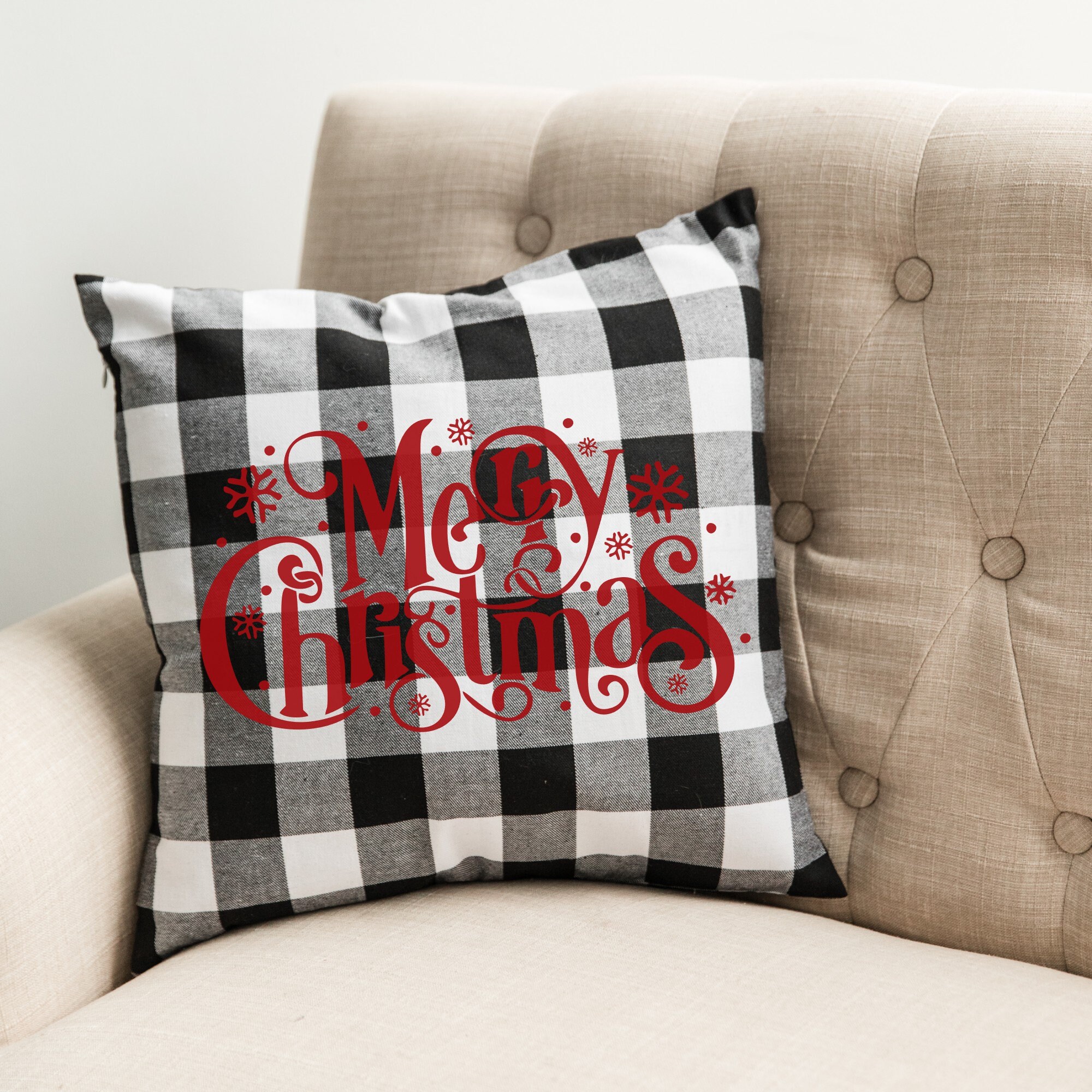 Snowflake Merry Christmas Buffalo Plaid Farmhouse Pillow COVER in Black White Check Cotton With Zipper Closure Throw Pillow Cover 16x16 Etsy