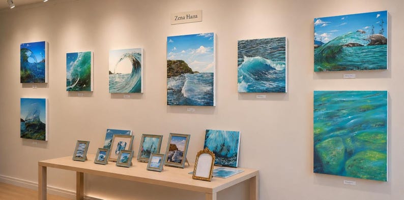 May include: A gallery display featuring multiple framed and unframed canvas prints of ocean waves and coastal landscapes. The wall art showcases various shades of blue and green water, with a sign reading Zena Hans centered above the collection.