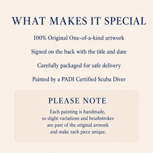 May include: A light-colored informational graphic with dark blue text. The top section reads WHAT MAKES IT SPECIAL, followed by bullet points about original artwork, signatures, packaging, and the artist. The bottom box reads PLEASE NOTE.