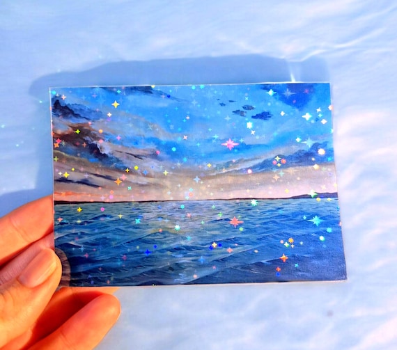 Sunset Sticker Hand Painted Holographic Golden Evening Light Mini Art for Calm Spaces Vision Boards Journaling and Self Care
