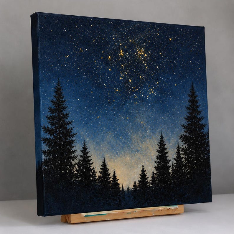 May include: A square canvas painting depicting a dark blue night sky filled with scattered gold paint splatters representing stars above a silhouette of a dense forest of pine trees. The artwork is displayed on a small wooden easel stand.