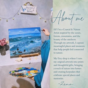 May include: A rectangular canvas painting of ocean waves under a blue sky, displayed on a wooden easel. A wooden paint palette with colorful oil paints is held nearby. A sign reads Mermaid at heart. Text on the right side introduces the artist Zena.