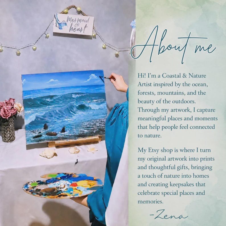May include: A rectangular canvas painting of ocean waves under a blue sky, displayed on a wooden easel. A wooden paint palette with colorful oil paints is held nearby. A sign reads Mermaid at heart. Text on the right side introduces the artist Zena.