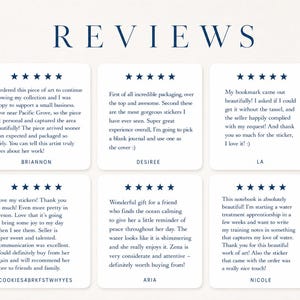 May include: A graphic display titled REVIEWS featuring six white square cards with rounded corners, each containing a five-star rating and customer feedback text. The reviews are signed by Briannon, Desiree, LA, Cookies4brkfstwhyyes, Aria, and Nicole.
