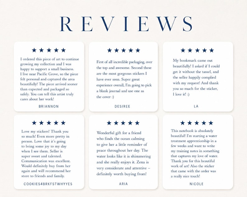 May include: A graphic display titled REVIEWS featuring six white square cards with rounded corners, each containing a five-star rating and customer feedback text. The reviews are signed by Briannon, Desiree, LA, Cookies4brkfstwhyyes, Aria, and Nicole.