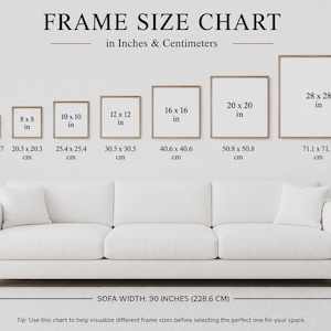 May include: A frame size chart displaying seven square frames ranging from 5x5 inches to 28x28 inches, with corresponding metric measurements. Below, a white three-cushion sofa is shown with a width of 90 inches to provide a visual scale reference.