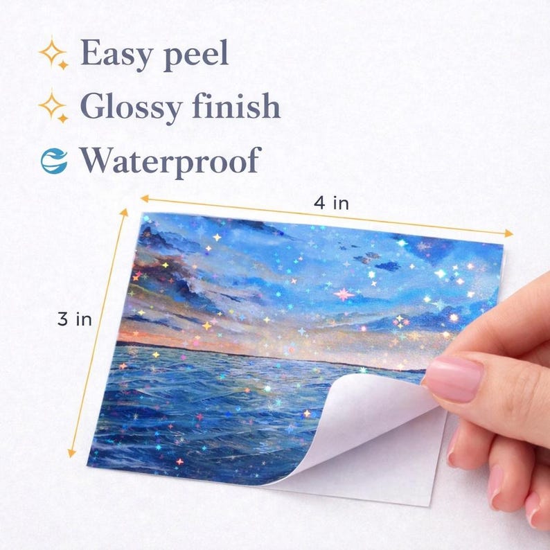 May include: A rectangular sticker measuring 4 inches by 3 inches, featuring a holographic sunset over the ocean. The sticker has an easy peel, glossy finish, and is waterproof. The design shows blue water and a cloudy sky with sparkling stars.