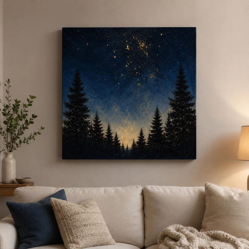 May include: A square wall art canvas depicting a dark blue night sky filled with scattered golden stars above a silhouette of a dense pine forest. The lower portion of the sky features a soft, warm golden glow behind the dark tree line.