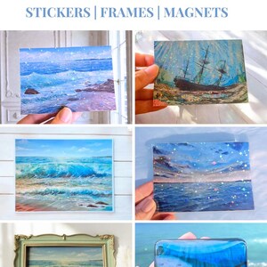 May include: A collection of coastal art featuring hand-painted stickers, frames, and magnets. The images display ocean waves, a shipwreck, and underwater scenes with holographic star accents. Text reads: COASTAL ART GIFTS ~HAND PAINTED~ STICKERS | FRAMES | MAGNETS.