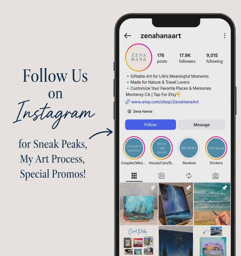 K&ouml;nnte beinhalten: Ein Smartphone zeigt die Instagram-Profilseite von zenahanaart mit einem Profilbild in einem bunten Kreis, Follower-Statistiken, einem Infotext, einem Link zu einem Etsy-Shop und einem Raster mit verschiedenen kunstbezogenen Bildern.