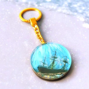 Pirate Keychain Sunken Ship Painting Ocean Charm Magical Sea Print Mini Art Handmade Gift for Scuba Diver Fisherman Surfer Backpack Decor