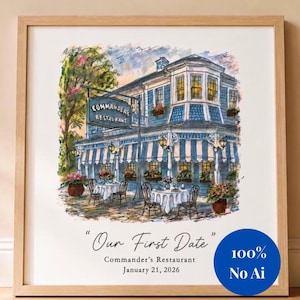 May include: A framed watercolor print of Commander's Restaurant featuring a blue building with striped awnings, outdoor tables, and text that reads "Our First Date", "Commander's Restaurant", and "January 21, 2026" with a blue "100% No Ai" circle.