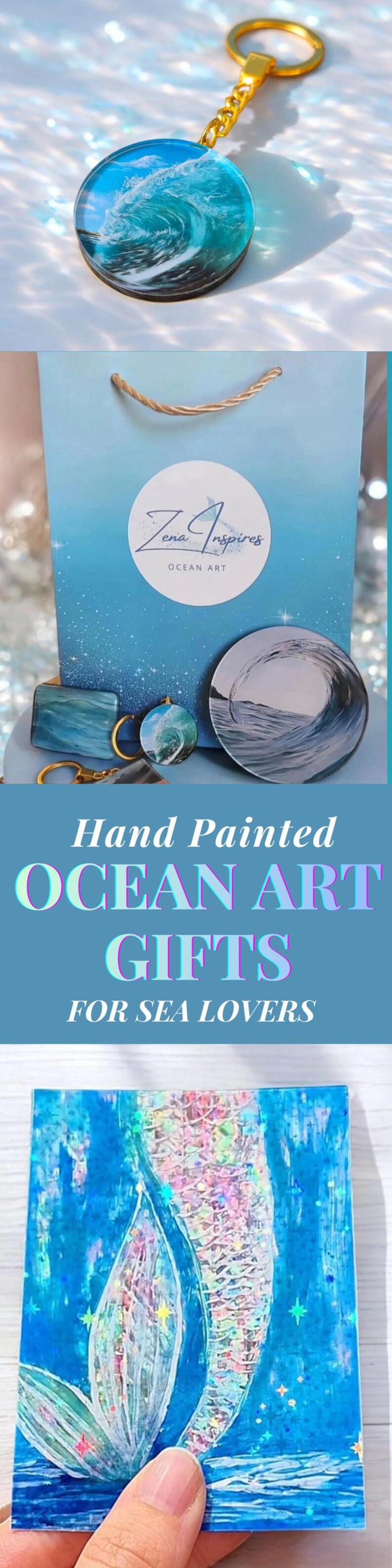May include: A collection of ocean-themed items including a circular keychain with a wave design, a blue gift bag with the text Zena Inspires OCEAN ART, and a rectangular card featuring a holographic mermaid tail illustration with star accents.