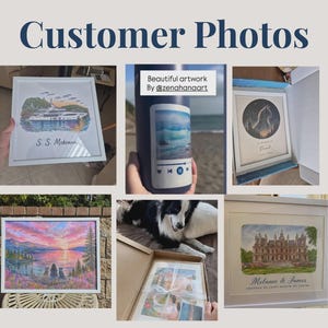 K&ouml;nnte beinhalten: Eine Collage aus Kundenfotos mit verschiedenen gerahmten Aquarellkunstwerken, darunter eine Yacht namens S.S. Mckenna, eine Katzensilhouette, eine Sonnenuntergangslandschaft und ein Schloss sowie eine Trinkflasche mit einem Aufkleber.