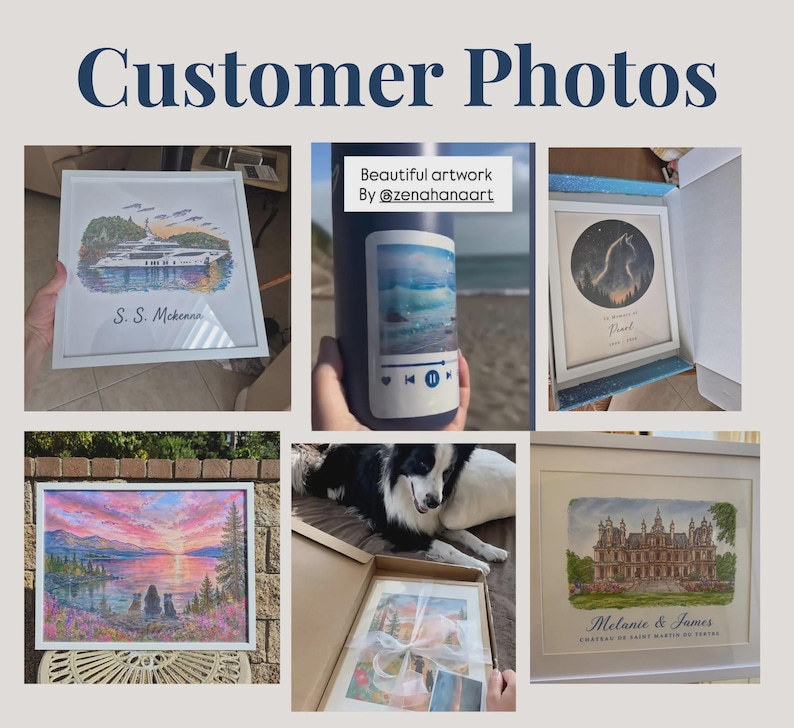 K&ouml;nnte beinhalten: Eine Collage aus Kundenfotos mit verschiedenen gerahmten Aquarellkunstwerken, darunter eine Yacht namens S.S. Mckenna, eine Katzensilhouette, eine Sonnenuntergangslandschaft und ein Schloss sowie eine Trinkflasche mit einem Aufkleber.