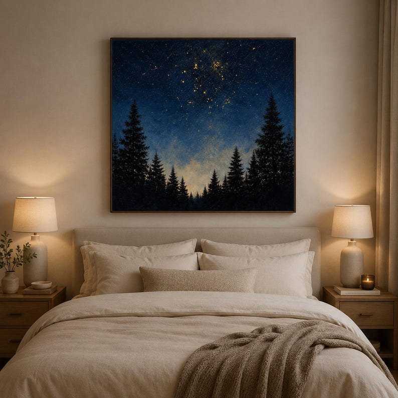 May include: A square wall art print featuring a dark blue night sky filled with golden stars above a silhouette of a dense pine forest. The painting displays a gradient from deep navy at the top to a lighter, hazy blue near the tree line.