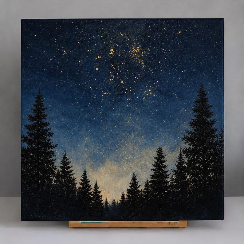 May include: A square canvas painting depicting a dark blue night sky filled with gold-colored star-like speckles above a dense forest of black pine trees. The lower portion of the sky features a soft, glowing light near the tree line.