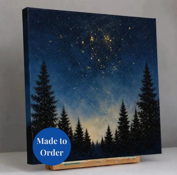 Original Acrylic Painting Starry Night Moonlight Forest Dark Woodland Wall Art Celestial Sky Canvas Moody Nature Decor Gift Bedroom Decal