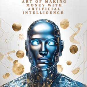 May include: A blue and silver robot head with glowing blue eyes. The robot is surrounded by gold gears and cogs. The text "AI Wealth Blueprint" and "Mastering the Art of Making Money with Artificial Intelligence" is displayed above the robot.