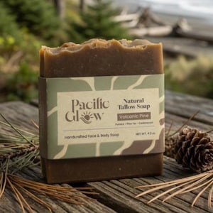 May include: A bar of Pacific Glow Natural Tallow Soap, Volcanic Pine scent, handcrafted for face and body. The soap is wrapped in a green and brown label and rests on a wooden surface with pine needles and a pine cone.