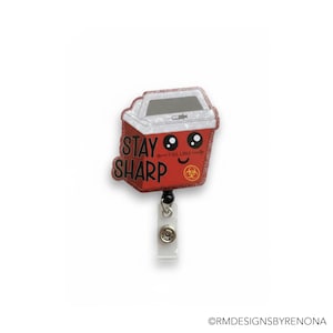 Stay Sharp Badge Reel | Funny Sharps Container Phlebotomy ID Holder | Glitter Nurse & Lab Tech Gift | Retractable Clip