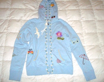 90s Y2K Lucky Brand embroidered sweatshirt hooded heather blue M
