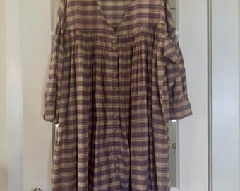 rare Magnolia Pearl Nina dress lavender jam plaid pleats poet sleeve OS