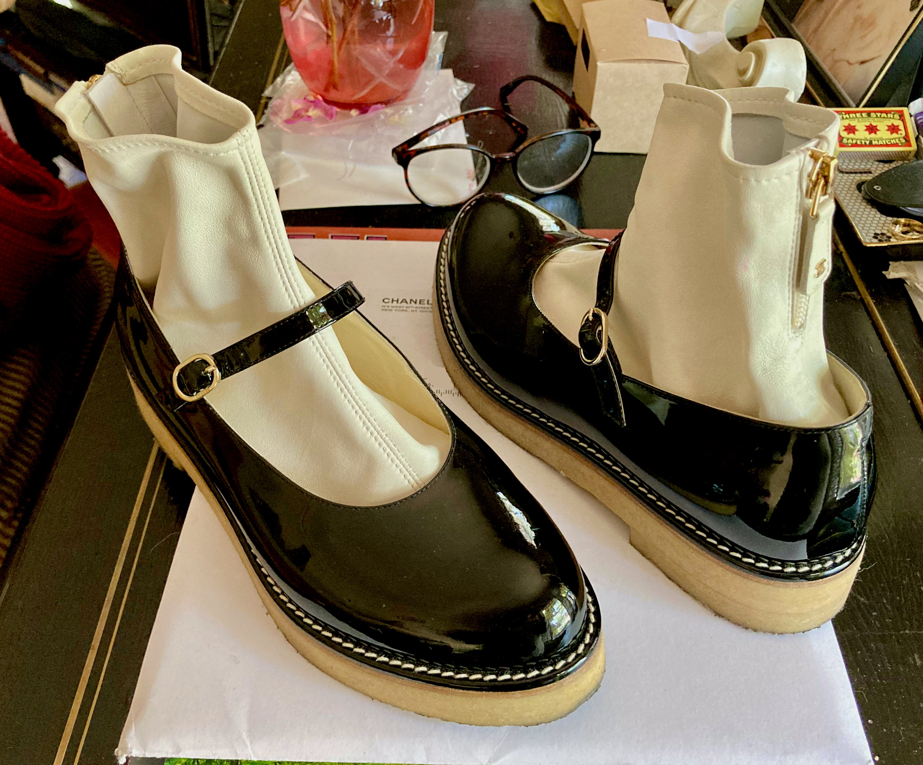 CHANEL, Shoes, Chanel Beaded Embellished Interlocking Cc Logo Black  Leather Cap Toe Wedge Boots