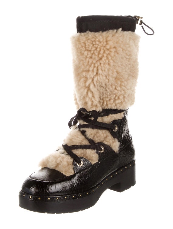 CHANEL patent leather shearling clog boots 38 7 7.