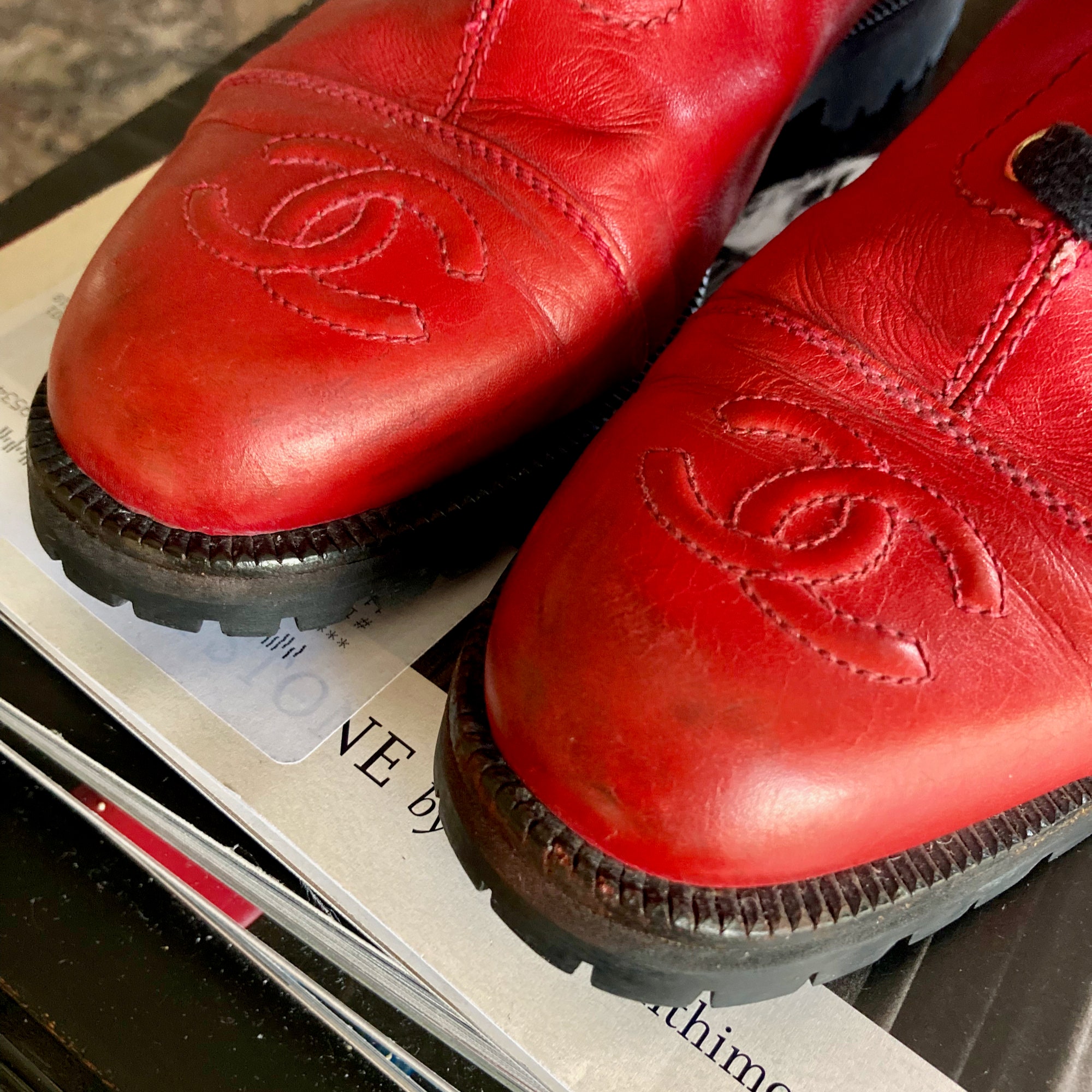 CHANEL A/W 1992 Runway Worn Red Leather Combat Boots Lace up CC